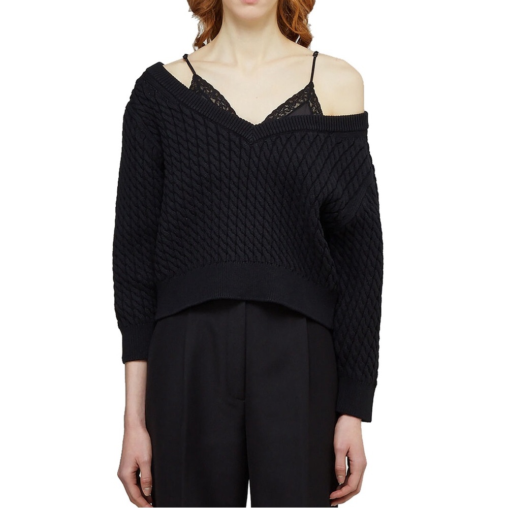 Alexander Wang Bi-Layer Satin Camisole V-neck Cable Sweater